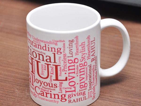 Fully covered word collage mug