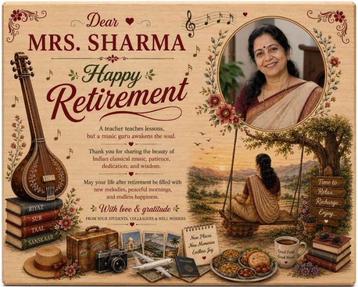 Retirement Plaque for music teacher - Delivery across India.